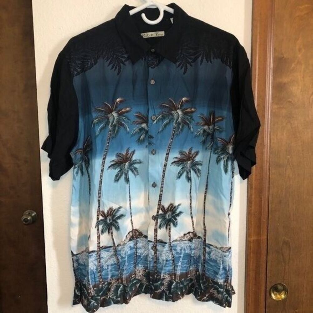 Batik Bay Men's Large Blue‎ Vintage Tropical Hawaiian Palm Tree Ocean Shirt